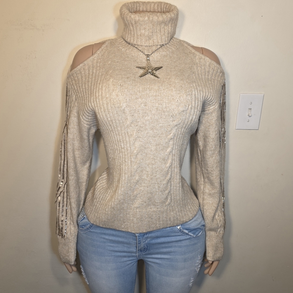 Worthington Beige Turtleneck Sweater with Sequin Sleeves